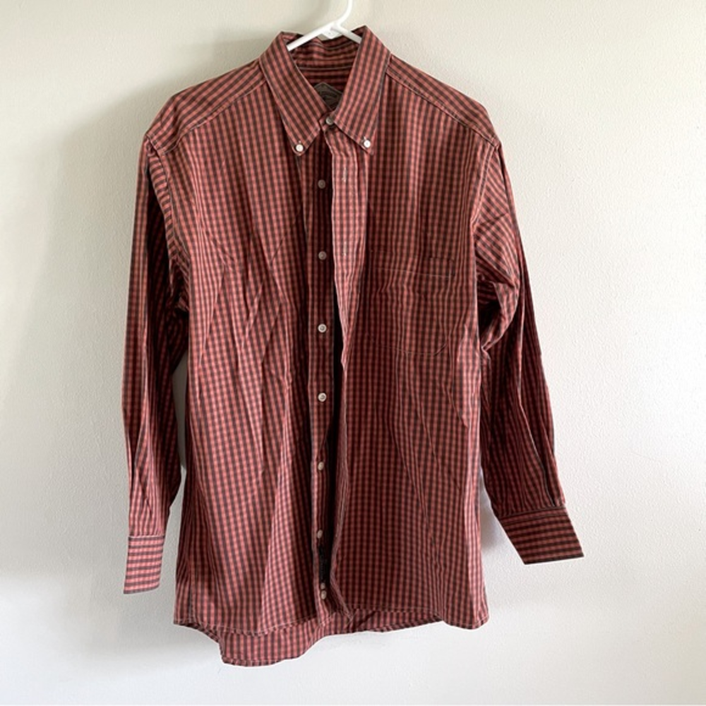 Bill’s Khakis Button Down Shirt Size Large Black‎ and Orange Plaid Like New